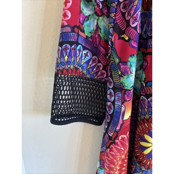 Calessa Vibrant Floral Boho Flower Hippie Mesh Cutout Tunic Top Wearable Art L - Picture 4 of 9